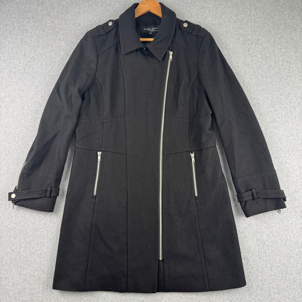 Black Rivet Coat Womens XL Black WWZMW514 Wool Blend‎ Asymmetric Zip Peacoat